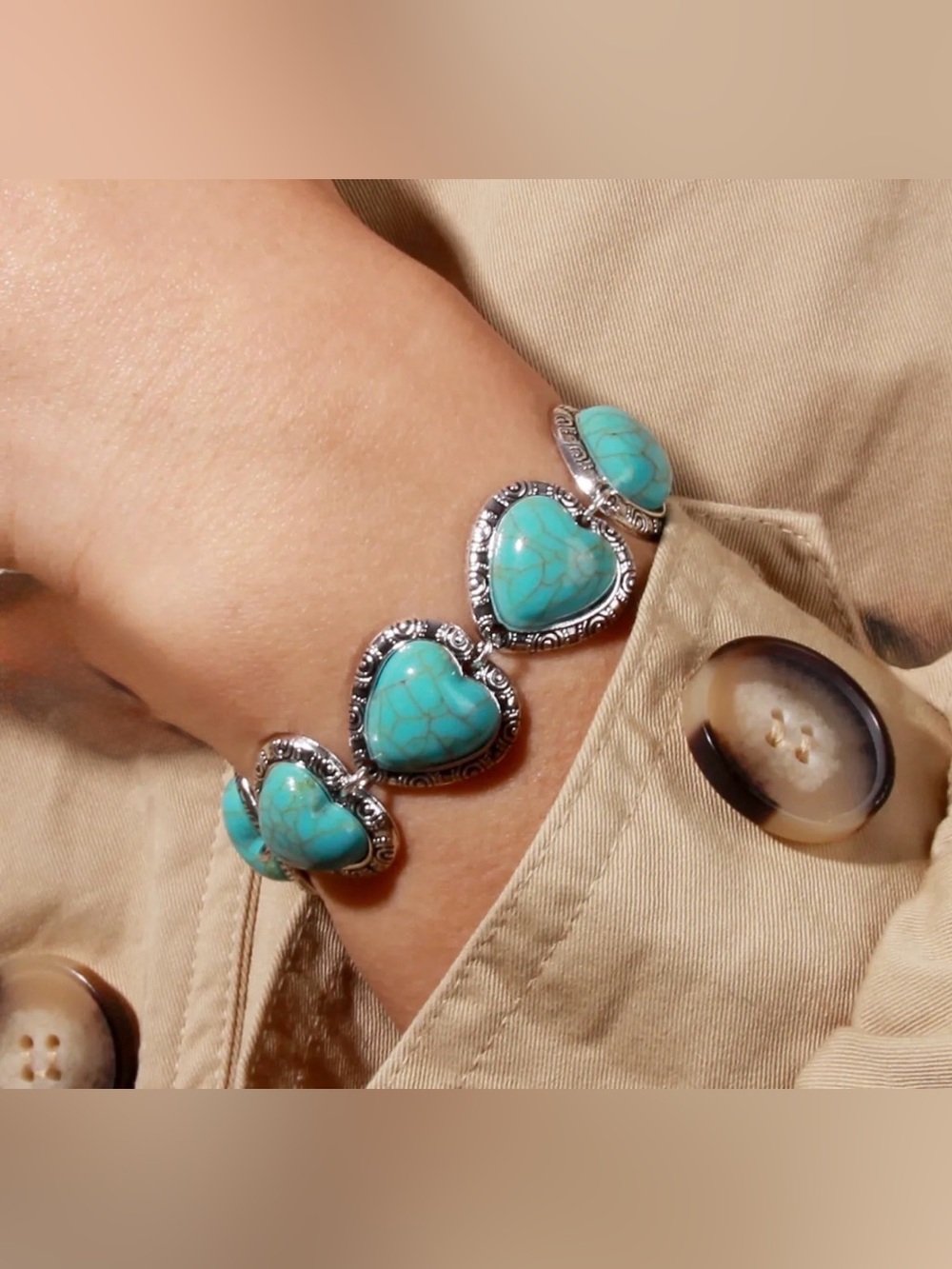 Western Bracelet Turquoise Heart Silver-Frame Bracelet - Women Jewelry